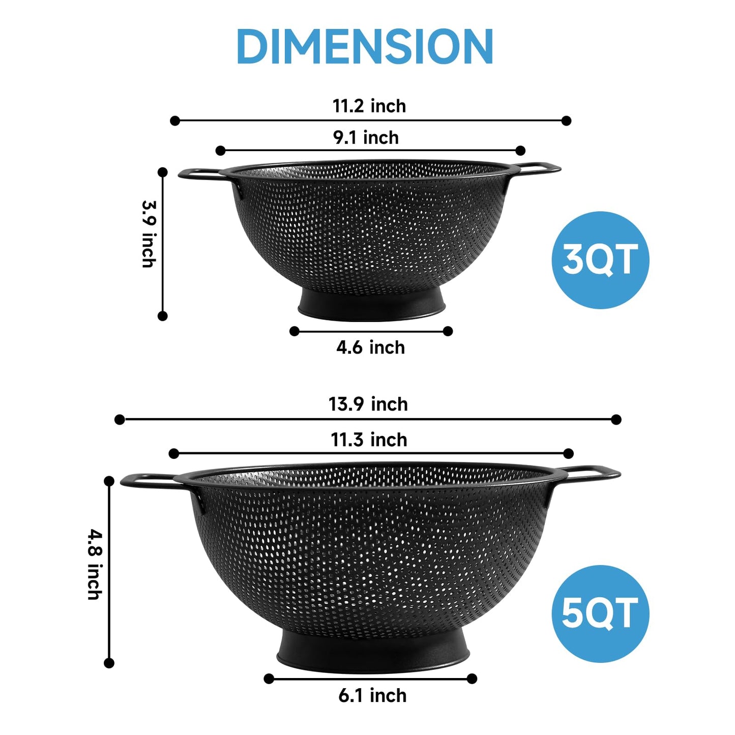 Black Colander for Kitchen, 3QT, Stainless Steel Pasta Strainer with Handle, Pasta Strainer for Fruits Vegetables Cooking Food, Dishwasher Safe