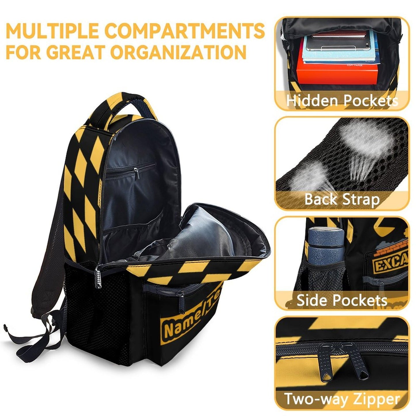 PoshWrap Personalized Excavator Backpack with Lunch Box - Set of 3 Custom Backpacks Matching Combo - Utility Black Bookbag and Pencil Case Bundle