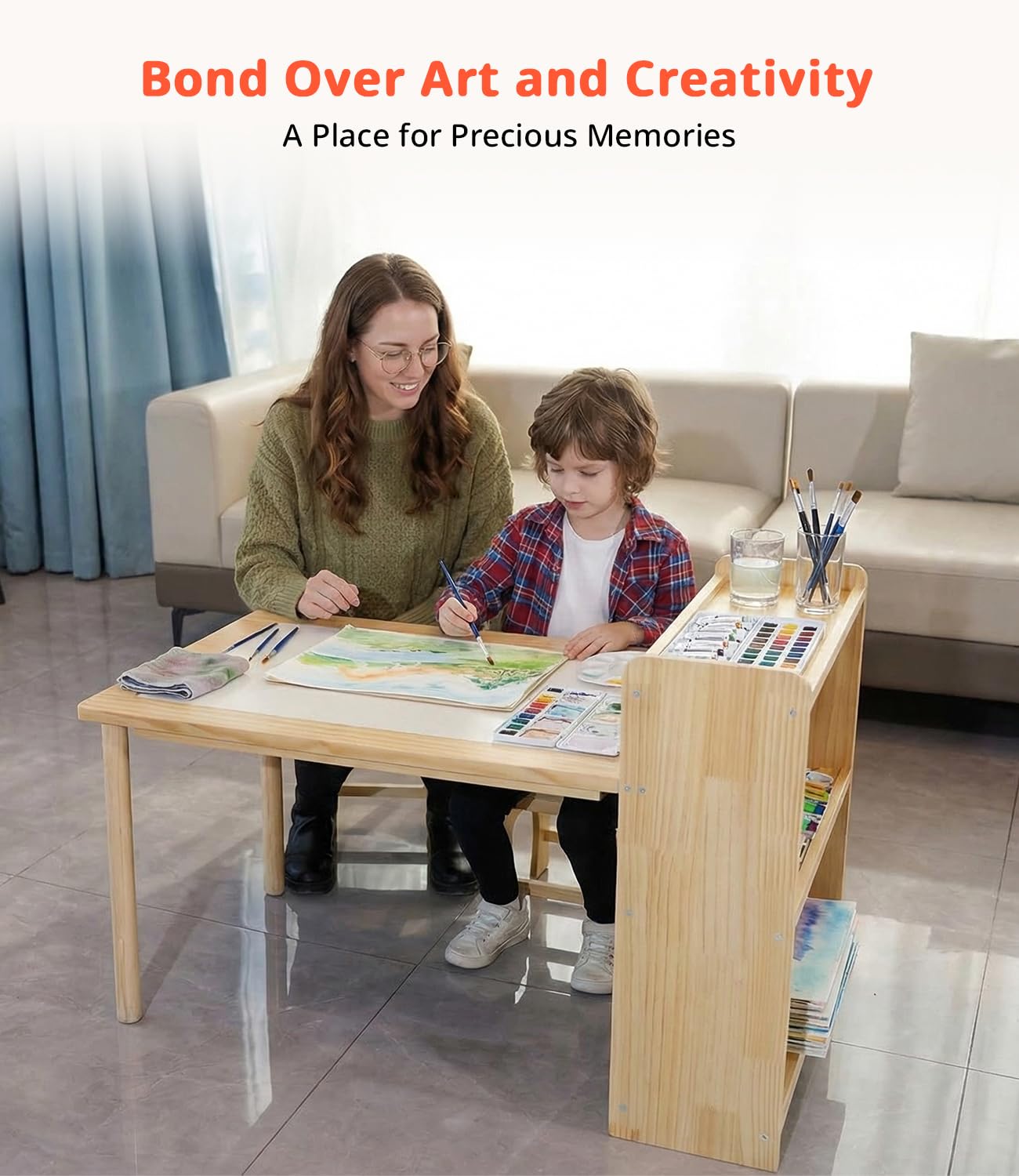 JOIN&JOY Children's Art Table and 2 Chair Set, Multifunctional Craft Table with Storage Shelves, Toddler Activity for Creativity, Drawing, Learning & Playtime