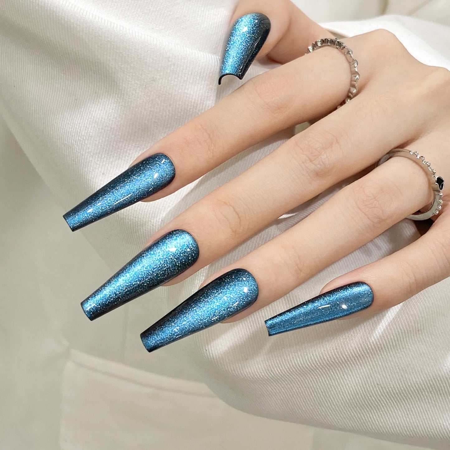 Blue Cat Eyes Press On Nails,12 Sizes - 24 Pcs Soft Gel Blue Long Coffin Fake Nails Kit with Nail Glue, Natural Reusable Stick On False Nails for Women and Girls SK1040