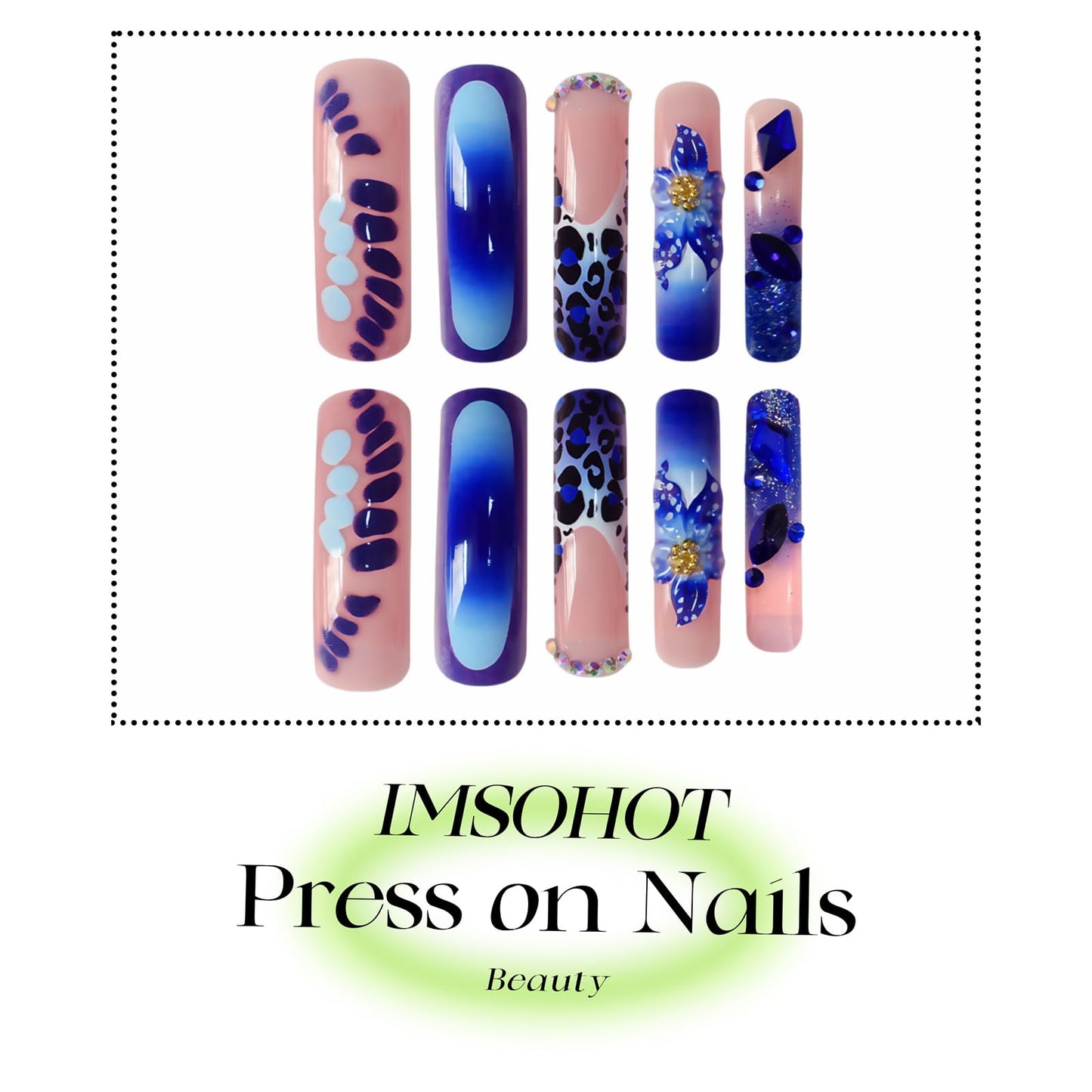 IMSOHOT Blue Press on Nails Curved Long Fake Nails - Leopard Print, Flower, Glitter, Rhinestone, Crocodile Print Designs Square Glossy Full Cover Acrylic False Nails Extra Long Glue on Nails