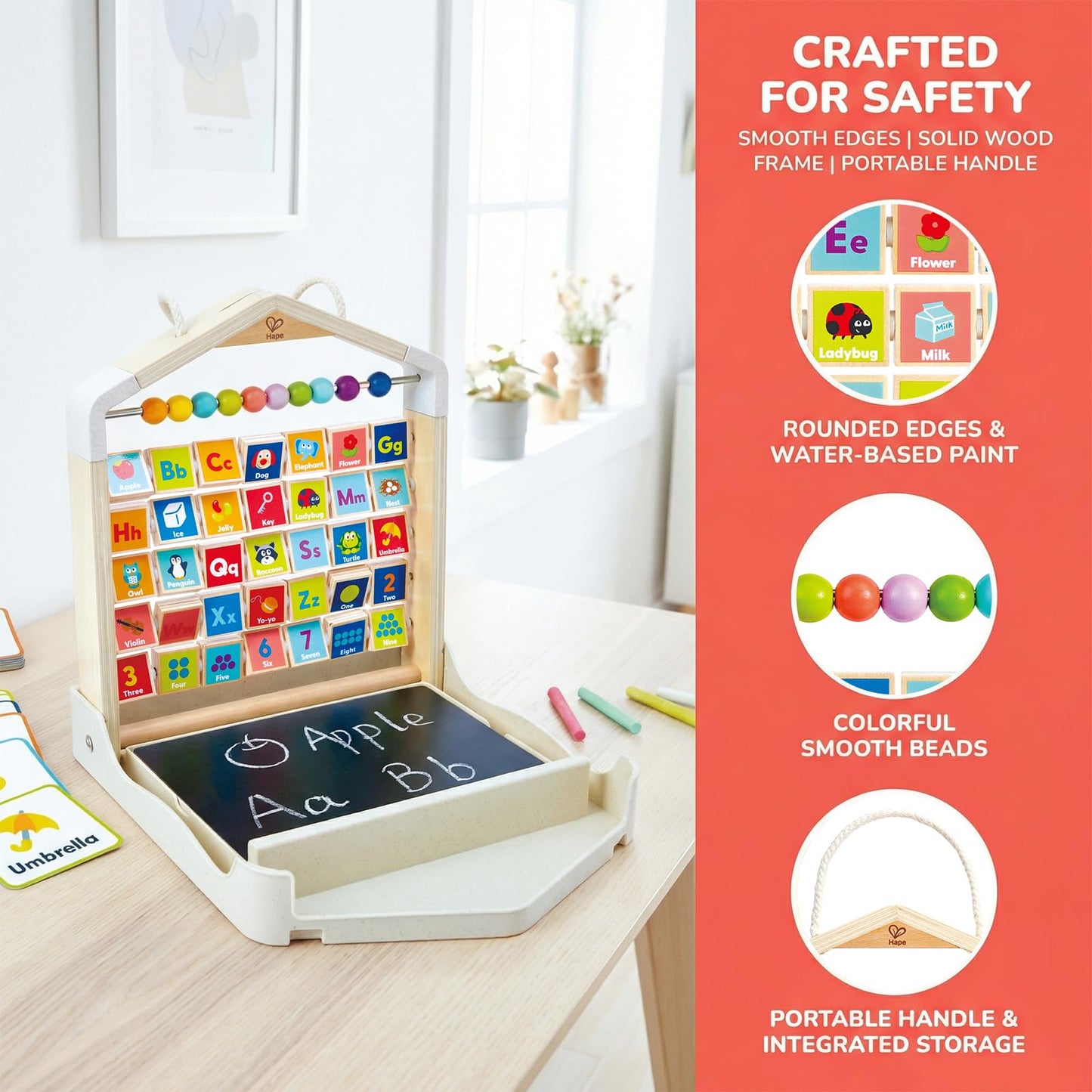 Hape Alphabet Learning Pack & Chalkboard Set for Toddlers - 35 Letter and Number Cards with Writing Board and Chalk - Educational STEM Toy for 3-6 Year Olds - Portable Travel Learning Case