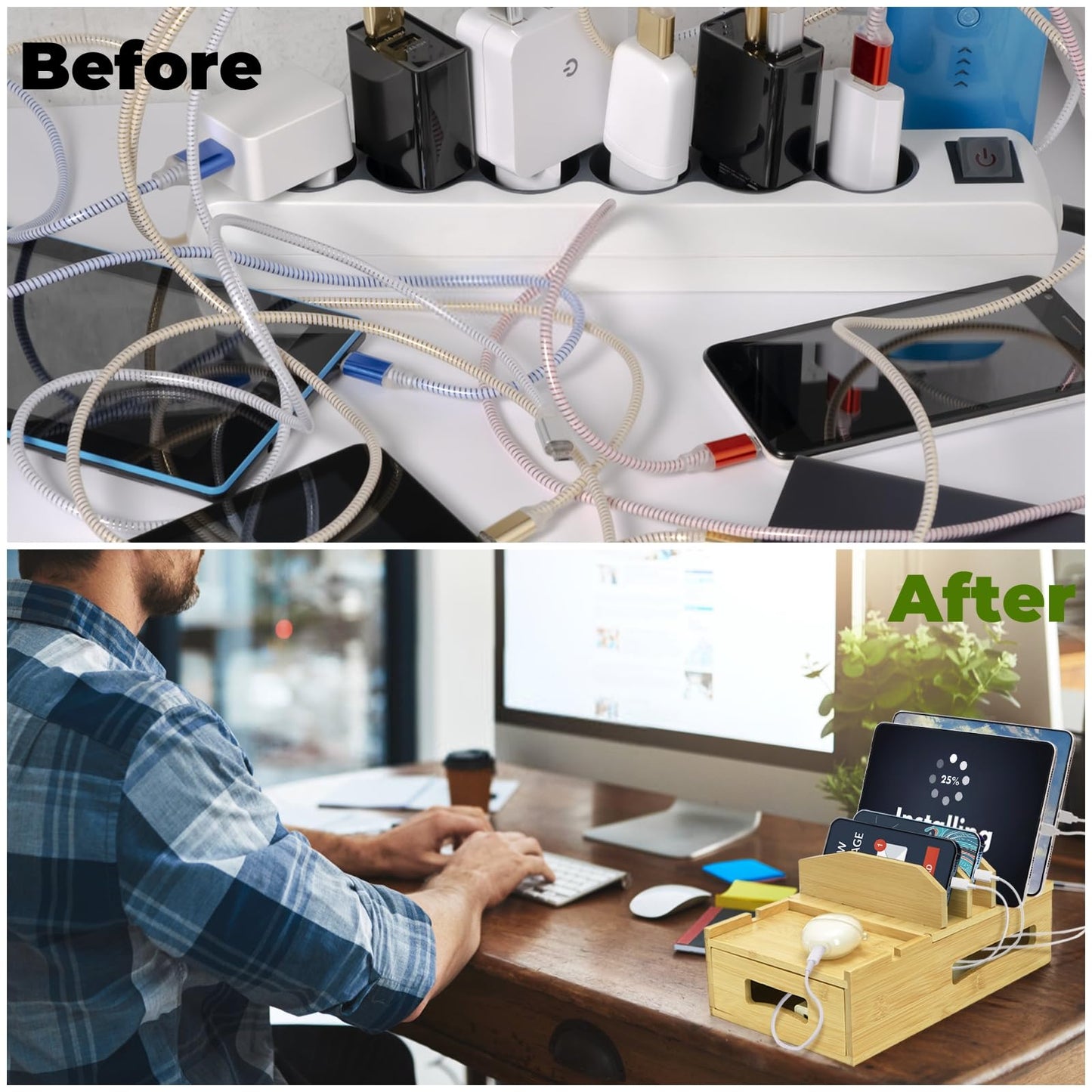 ZOOFOX Bamboo Charging Station for Multiple Devices, Desk Docking Station with Removable Divider Slots and Drawer, Bedside Charging Station Compatible with Smartphone, Tablet, Laptop, Earphone