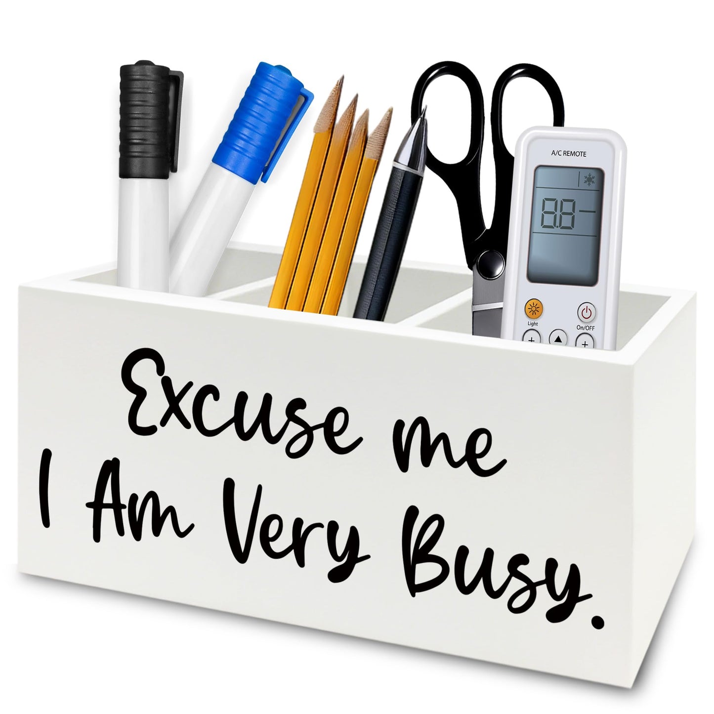 QZQE Funny Pen Pencil Holder Organizer for Desk, Funny Office Decor, Excuse Me I Am Very Busy Wooden Box Signs Decorations for Home Workplace Office Desk Tabletop