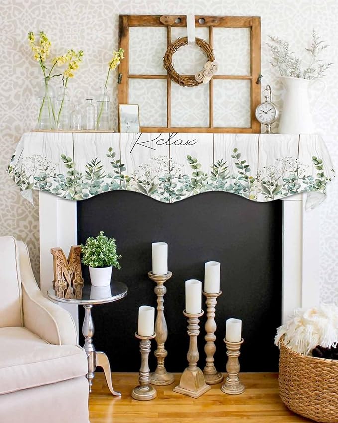 Green Eucalyptus Leaves Fireplace Mantel Scarf Table Runner, Summer Botanical Vintage Wooden Winter Garland Mantel Top Tablerunners Dresser Scarves Decorations for Windows Party Living Room 90''x17''