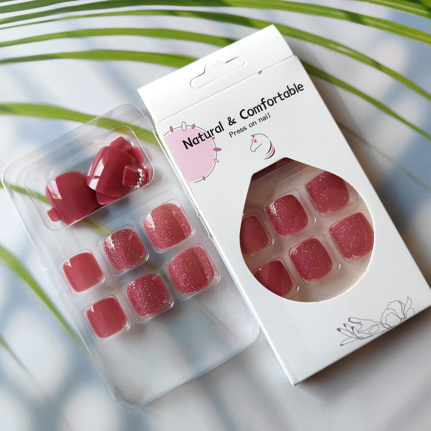 Short Square Press on Toenails Glitter Fake Toe Nails Glossy Acrylic Toe Nail Press ons Wine Red Toenails Press on Nails with Rhinestones Design Glue on Toe Nails for Women 24Pcs