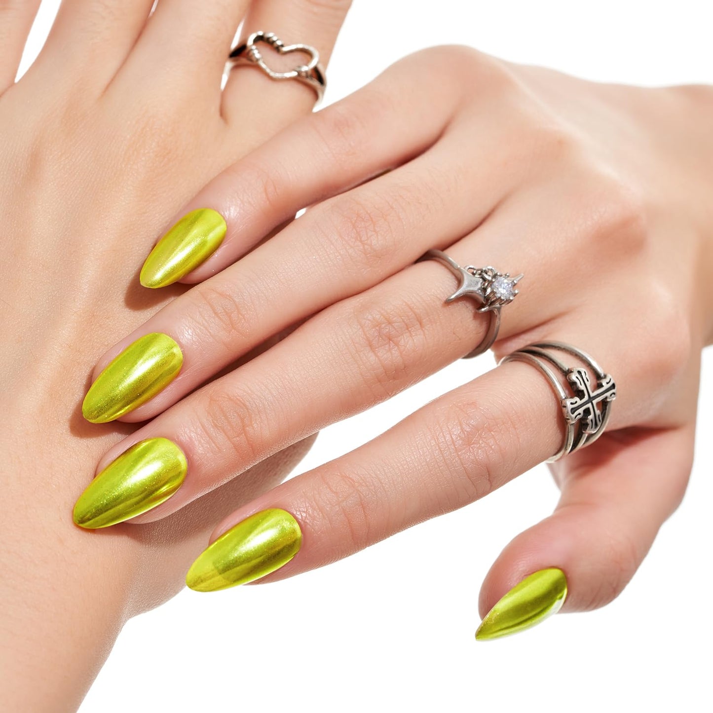 Press On Nails Medium Almond, Metal Mirror Green Handmade Jelly Gel False Nails Kit, Glossy Stick On Nails Tips, Glitter Glue On Nails, Reusable Artificial Nails with Design Manicure for Women Girls