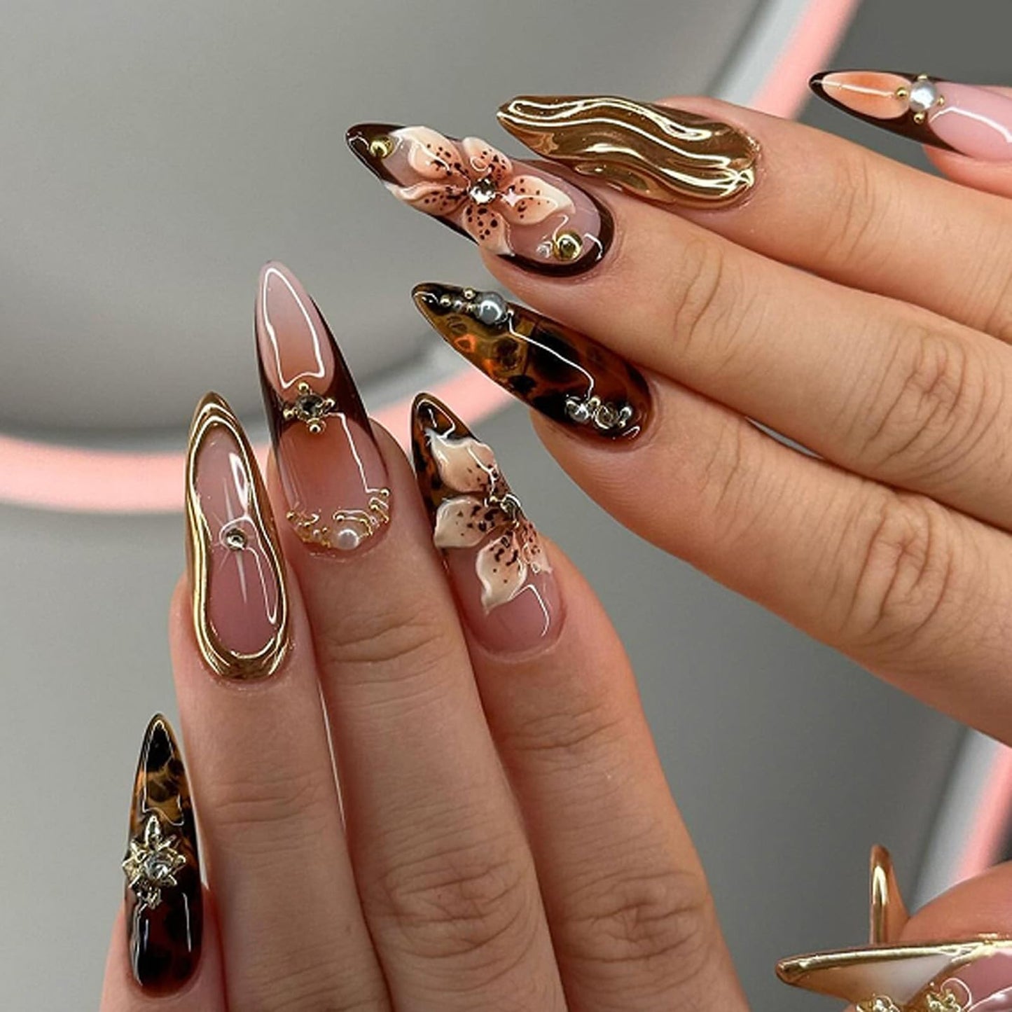 Mivota Medium Long Press on Nails Almond Brown Fake Nails with 3D Flowers Artificial Nails Gold Charm Designs, Thick Reusable Glue On Nails Fall Handmade Nails Floral Stick on Nails for Women 24Pcs