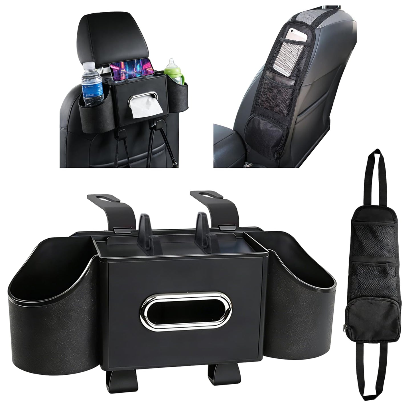SEILETOO Back Seat Car Organizer with Car Seat Storage Hanging Bag, 4 in 1 Multifunctional Car Seat Back Storage Box, Car Organizer Back Seat with Tray, Hold Phone,Snacks, Drinks, Handbag