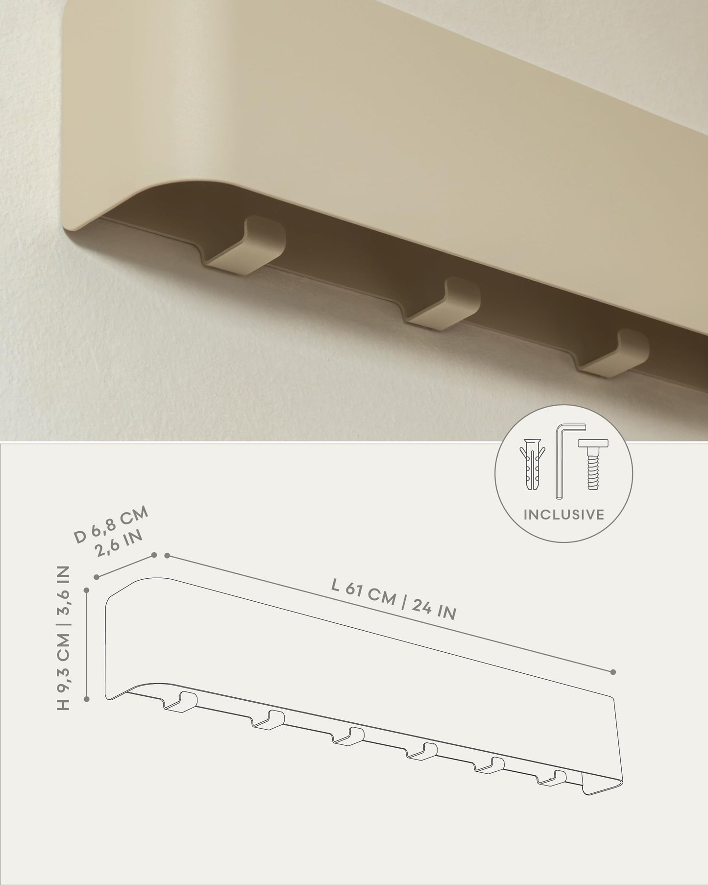 Kazai. Coat Rack Wall Mount with Shelf 'Tone' | Modern Design Coat Hanger with Hidden Hooks and Storage | Hat Rack with Shelf in Metal | Wall-Mounted Purse Organizer | Taupe