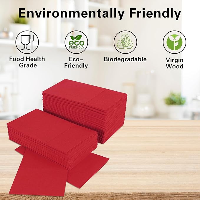 Red Napkins Hand Towels Disposable, Linen-Feel Dinner Napkins with Prefolded Built-in Flatware Pocket, Guest Paper Hand Towels For Wedding, Dinner Or Party (16x16in, 50Pack）