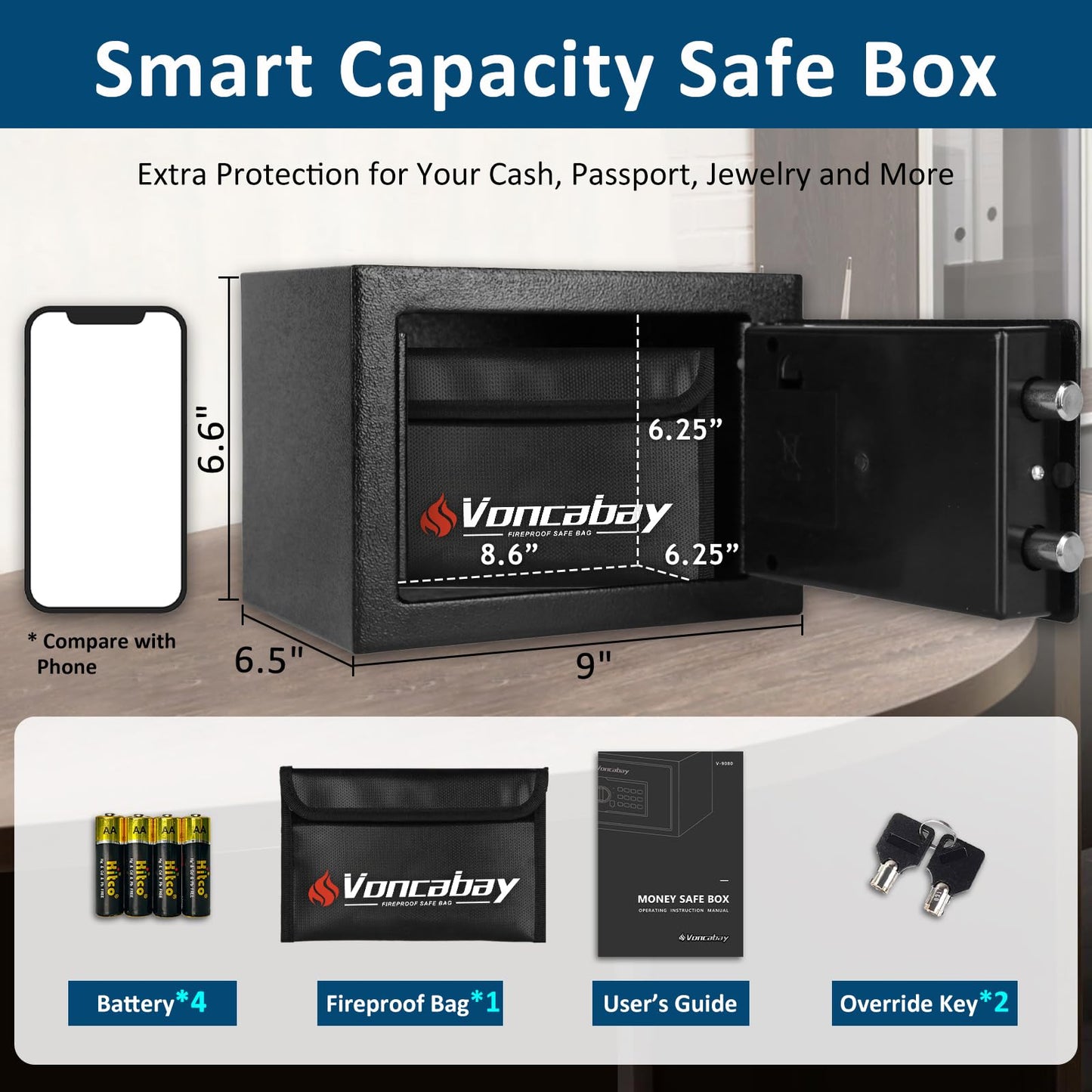 Voncabay Money Safe Box for Home with Sensor Light & Fireproof Money Bag - 0.23 Cubic Feet Security Safe Box with Digital Keypad, Keys & Pass Code Lock, 9.05" W x 6.69" D x 6.69" H, Black