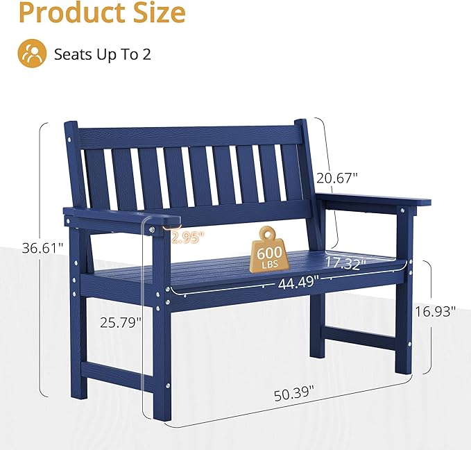 LUE BONA Outdoor Bench, 2-Person HDPS Garden Bench, Outdoor Benches Weatherproof, All-Weather Fade/Rot Resistant Patio Bench for Park, Front Porch, Backyard (Navy)