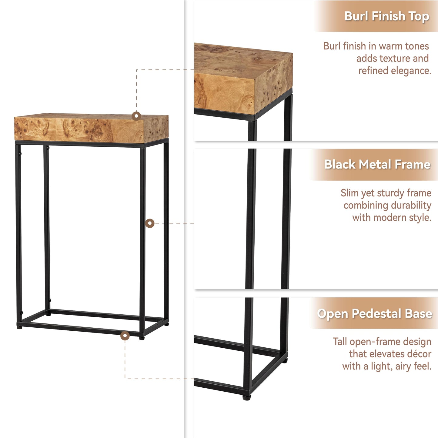 COZAYH Burl Finish Wood Top Tall End Table, Metal Frame Pedestal Display Stand Side Table for Plants, Lamps, or Home Décor, Living Room, Entryway, Office, Rectangular