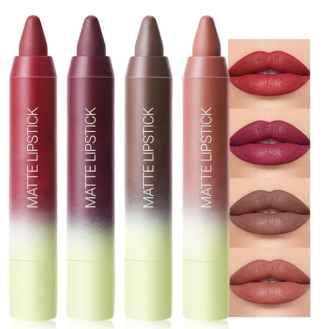 Erinde Matte Lipstick Crayon Set, 4 Colors 24 Hour Long-Lasting Waterproof Velvet Lip Crayons, Dusty Mauve Nude Rosewood Terracotta Red Neutral Lip Liner Pencil for Women Vegan & Cruelty-Free