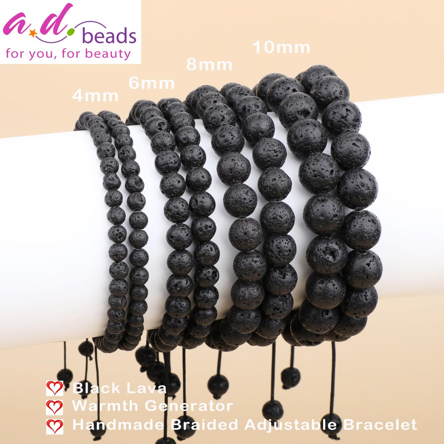 AD Beads 4mm Black Lava - Warmth Generator - Handmade Natural Stone Crystal Bracelet with Adjustable Macrame String - Yoga Healing Power Energy Gifts for Men and Women