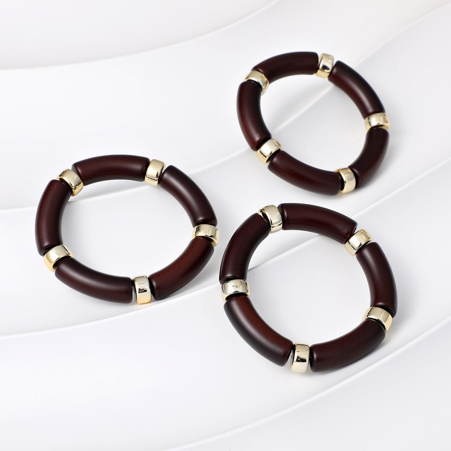GOOJIDS Simple Beaded Gold Plated Bangles Bracelet Chunky Bamboo Tube Curved Stacking Clear Acrylic Colorful Beads Stretchable Gold Plated Bracelets Set For Women (T-Dark Brown 3 set)