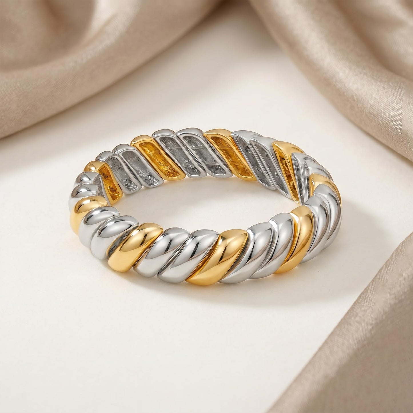FAMARINE Silver Gold Chunky Bangle Bracelet for Women Men Two Tone Stretchchable Elastic Bracelet Jewelry Gift for Daily Wear