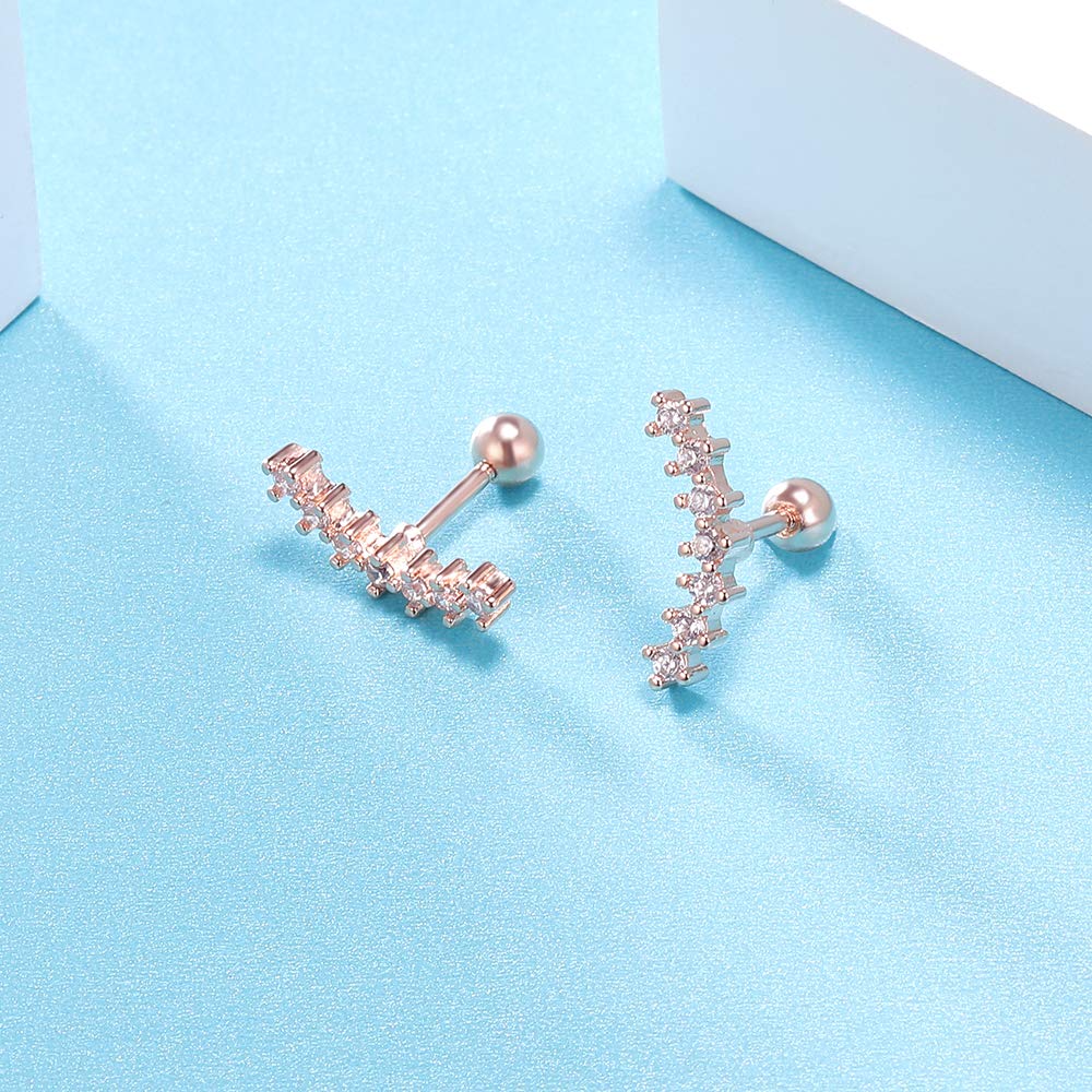 ZS Curve Seven Stud CZ Stud Earrings 316L Stainless Steel Ear Helix Conch Cartilage Piercing (Rose Gold)
