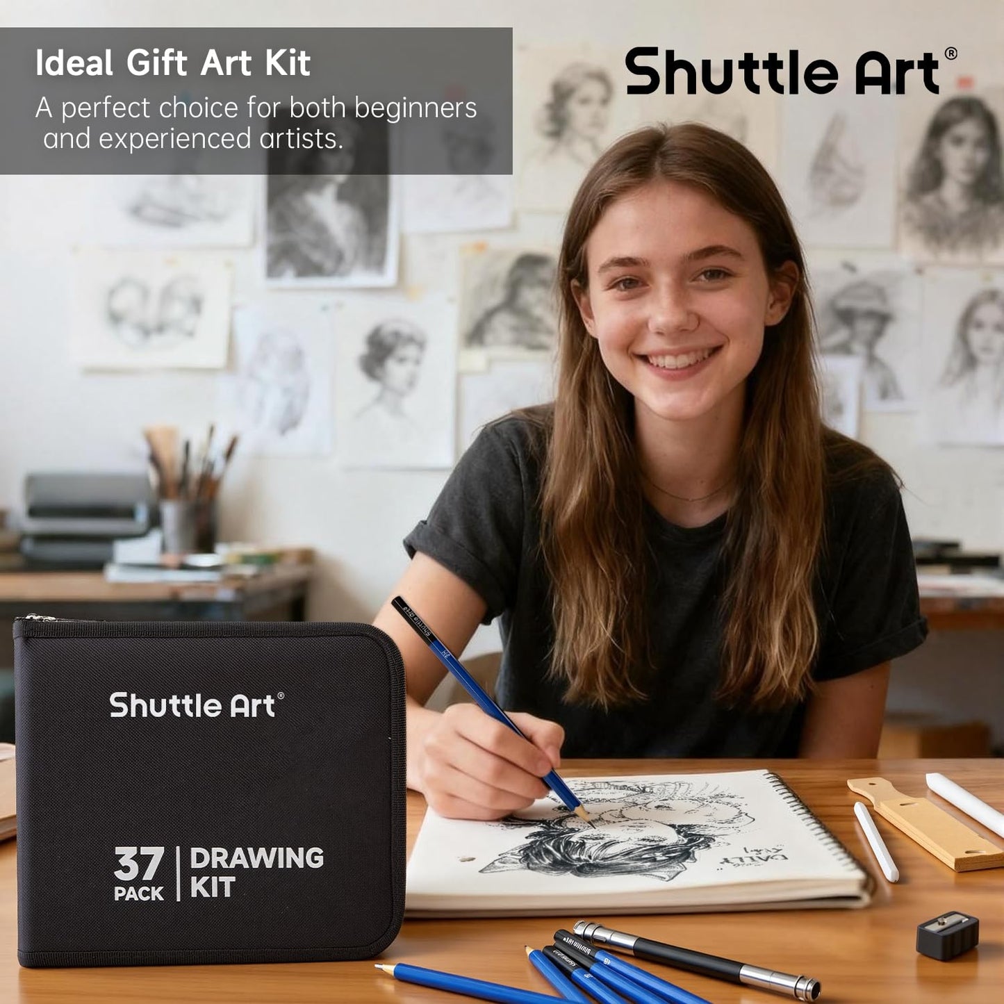 Shuttle Art Sketching and Drawing Pencils Set, 37-Piece Professional Sketch Pencils Set in Zipper Carry Case, Drawing Kit Art Supplies with Graphite Charcoal Sticks Tool Sketch book for Adults Kids