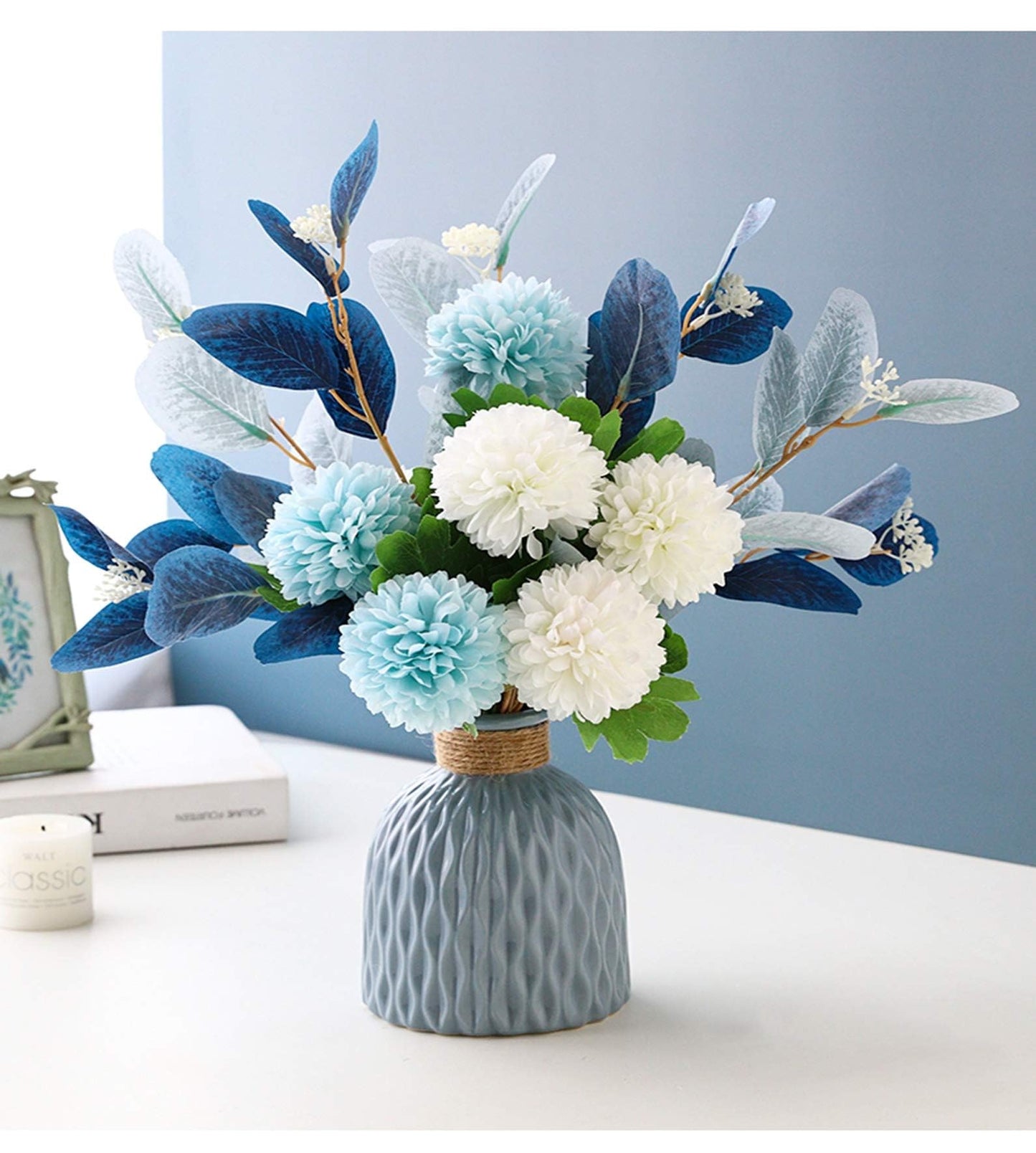 NAWEIDA Artificial Flowers with Ceramic Vase Faux Hydrangea Flower Arrangements Table Centerpieces for Home Garden Party Wedding Decoration