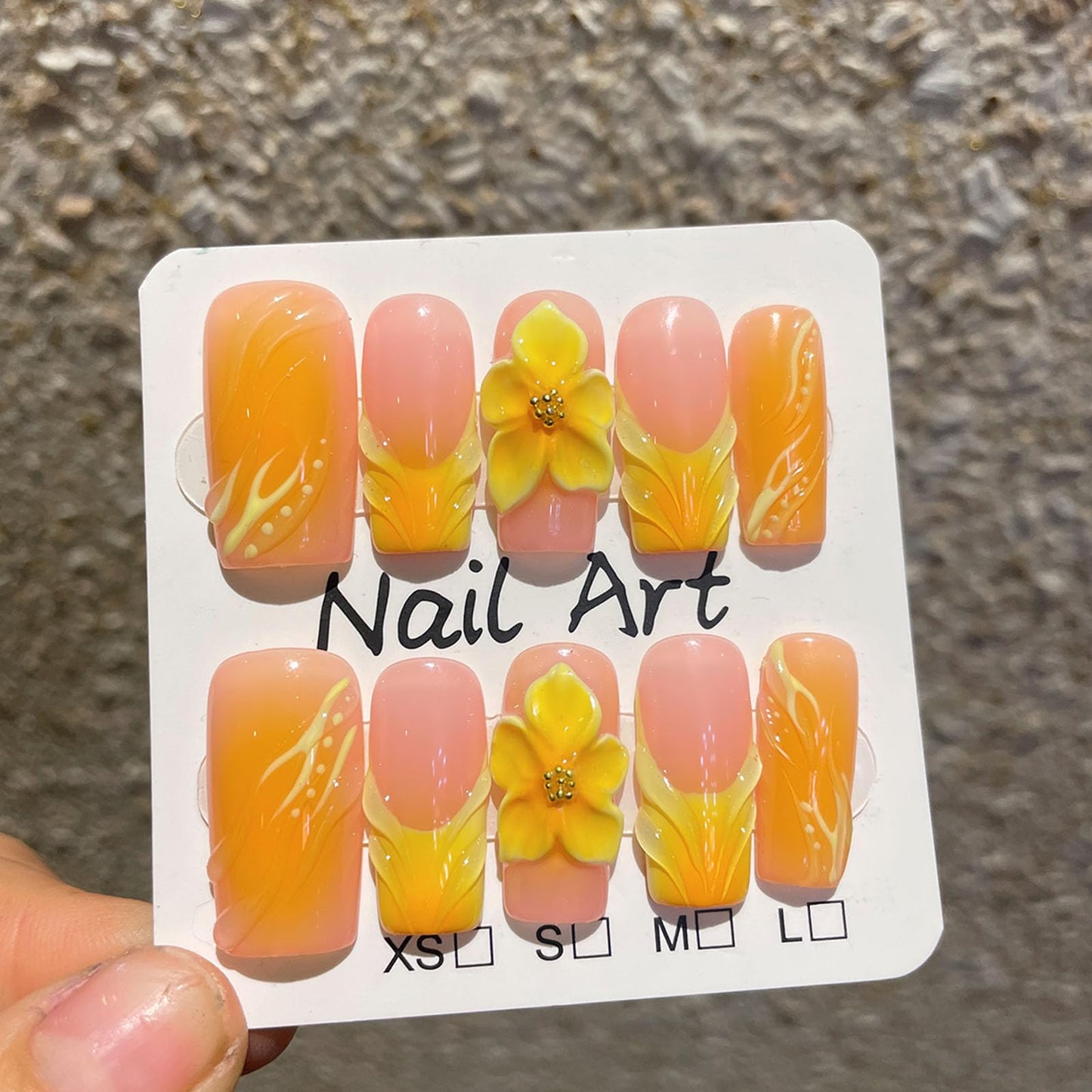 10 Pcs Handmade Press on Nails Medium Square Fake Nails with Yellow 3D Flower Curves Design Acrylic French Tip False Nails M Size Pink Press Ons Nails Square for Women Nail Art