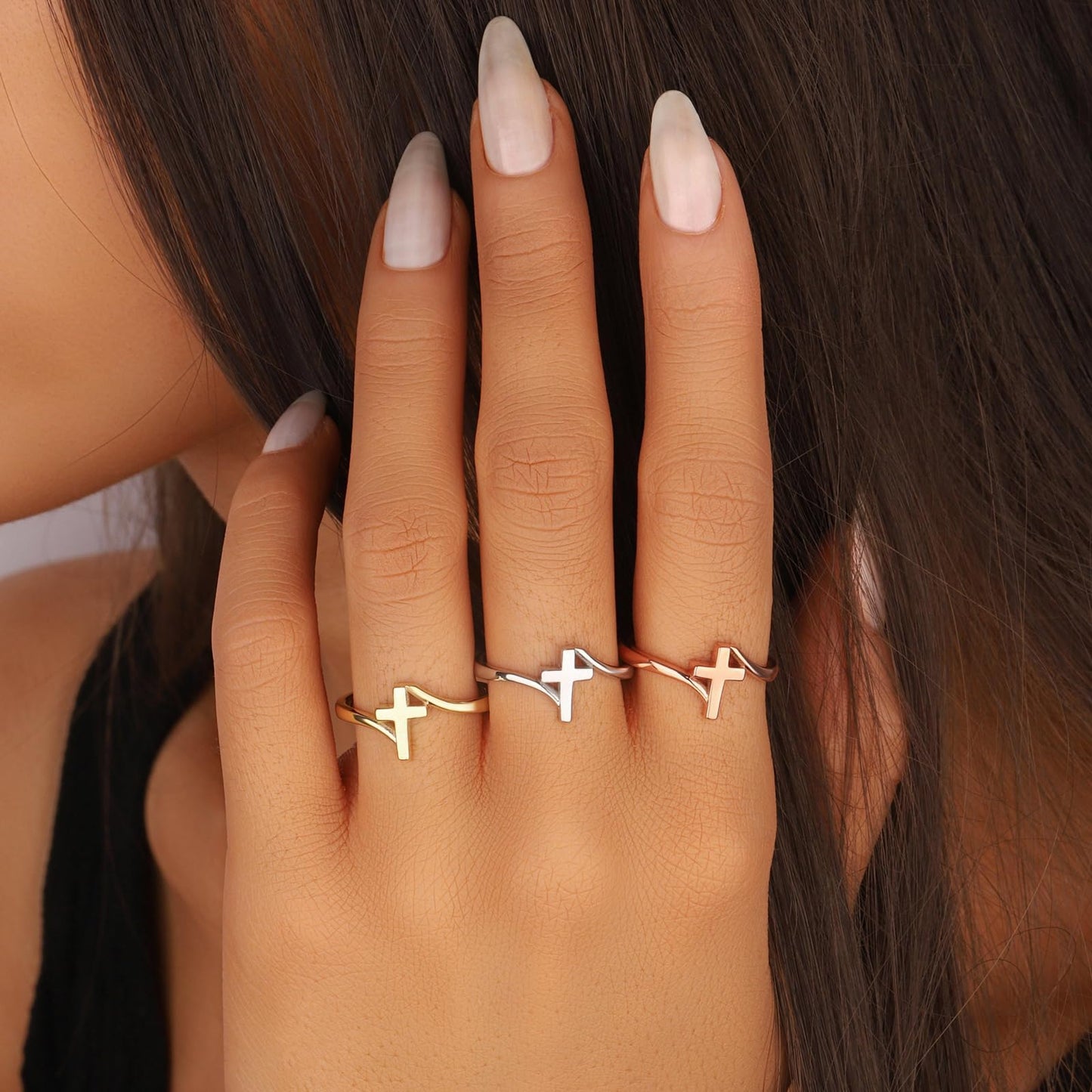 Punhem Gold Cross Statement Rings for Women 14K Gold Silver Tone Non Tarnish Cute Band High Polished Smooth Comfort Fit Size 5-10