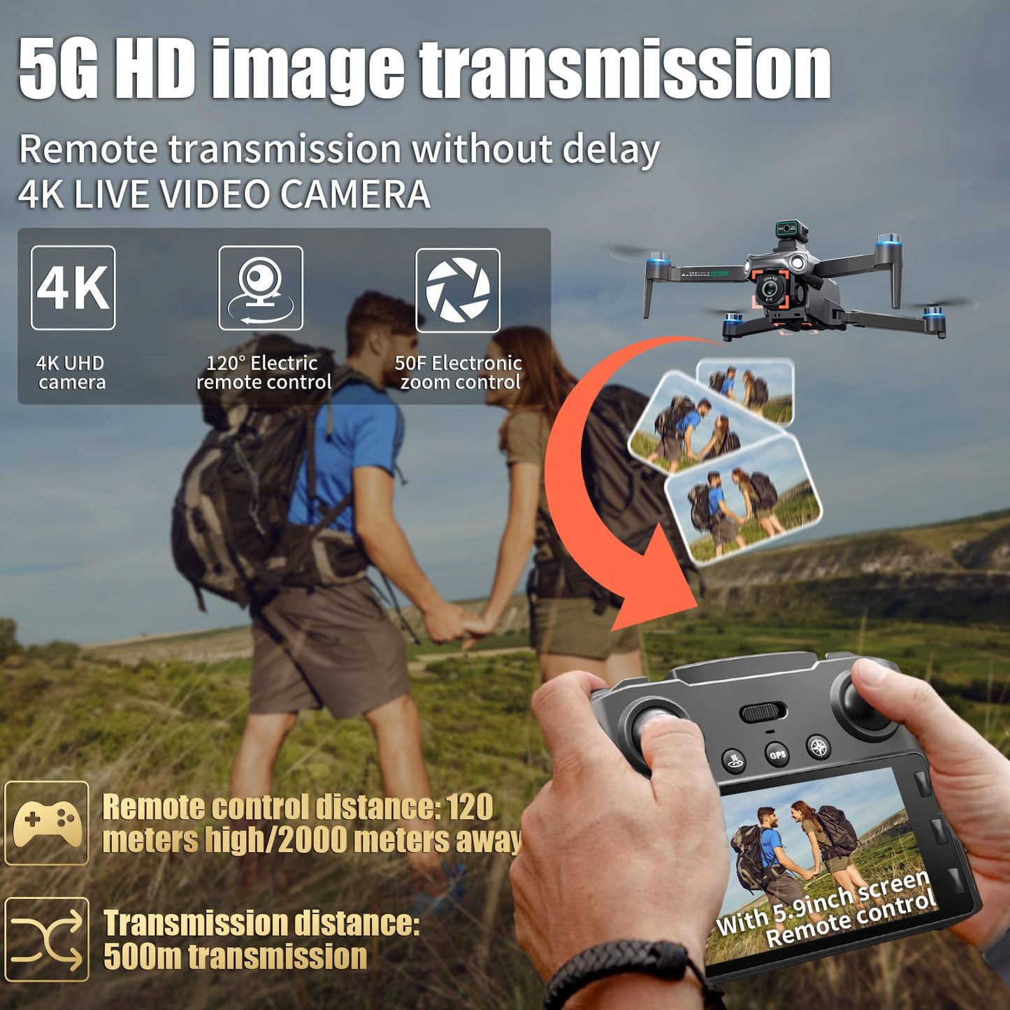 Drones With Camera for Adults 4K,Remote Contorl with Large Screen,FPV Drone with 50mins Flying Time,Auto Return GPS,360° Obstacle Avoidance Drone for Beginner,extra 8G SD Card Included