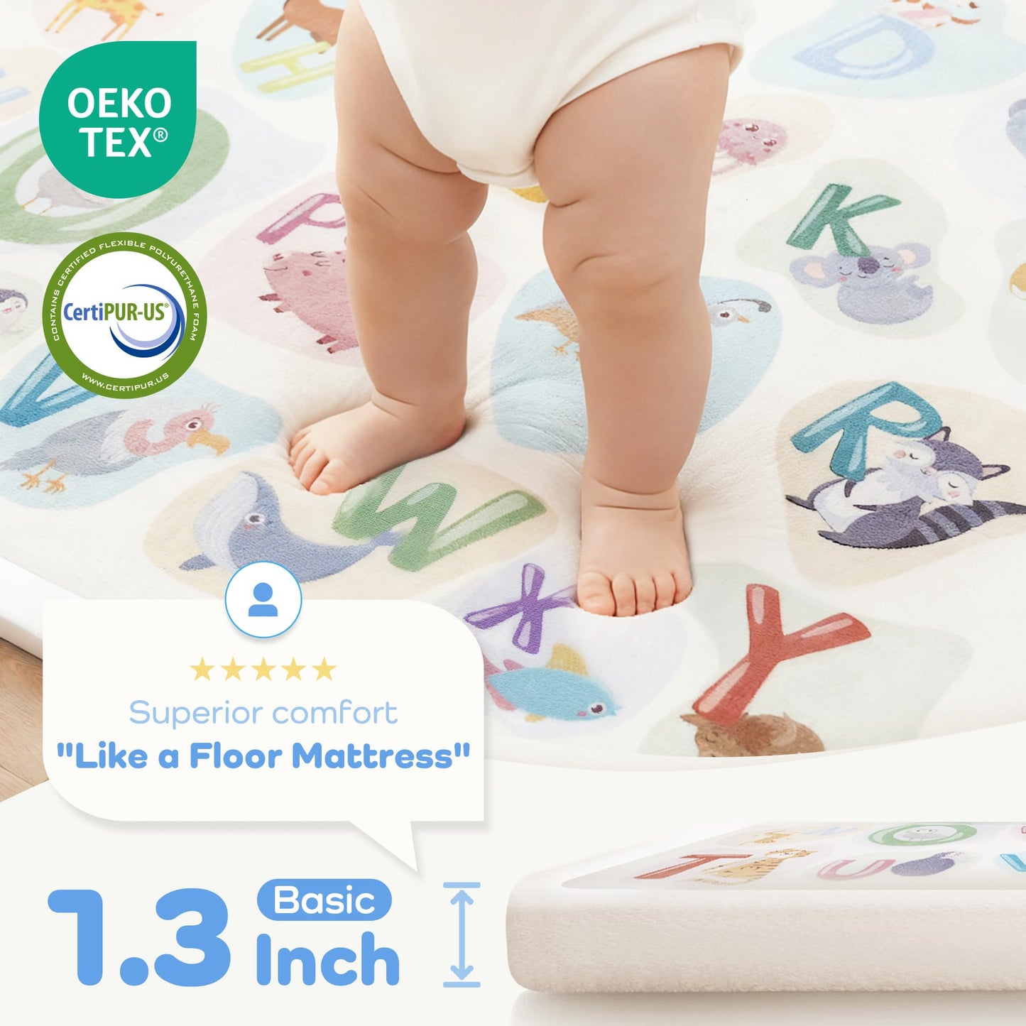 PaPaMat 1.3" Thick Educational Baby Floor Play Mat 59x79, Basic Padded Memory Foam Kids Mat, Non-Slip Plush Playmat for Nursery Playroom Classroom (ABC Animal)