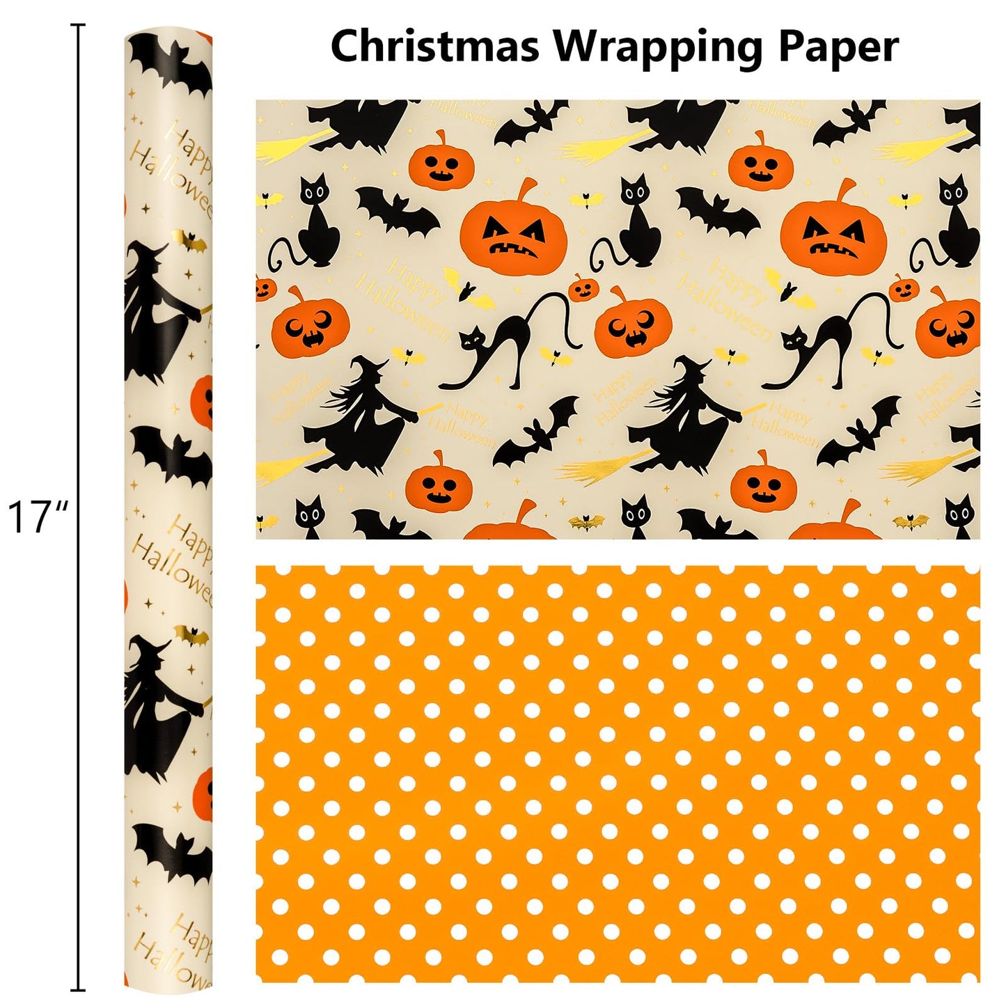 Burymento Reversible Halloween Wrapping Paper, Pumpkin, Witch Hat and Polka Dot Design, Suitable for Halloween, Christmas Nightmare Holidays, Parties, Mini Rolls (17 Inches X 32.8 Feet)