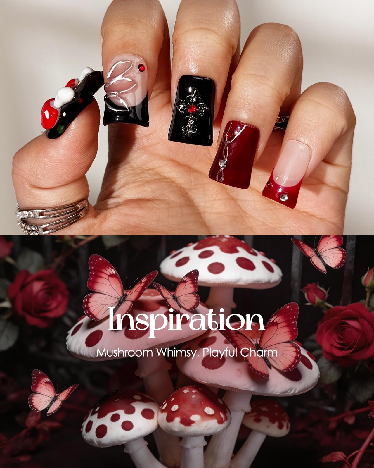 Buleens Handmade Press on Nails Acrylic Duck Nails-10pcs Short Gothic Fairy Mushroom 3D Fake Nails Kits