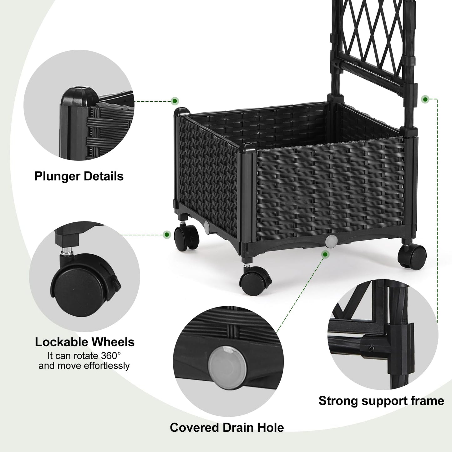FOLLOOK Planter Box with Trellis, 4ft Tall Self-Watering Plastic Raised Garden Beds and Lattice Trellis with Lockable Wheels & Drain Plug for Outdoor Patio Backyard Balcony, Black, 1 Pc
