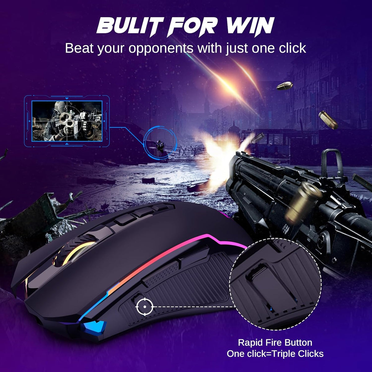 Redragon Wireless Gaming Mouse, Tri-Mode 2.4G/USB-C/Bluetooth Mouse Gaming, 12000 DPI, RGB Backlit, Fully Programmable, Rechargeable Wireless Computer Mouse for Laptop PC Mac, Black