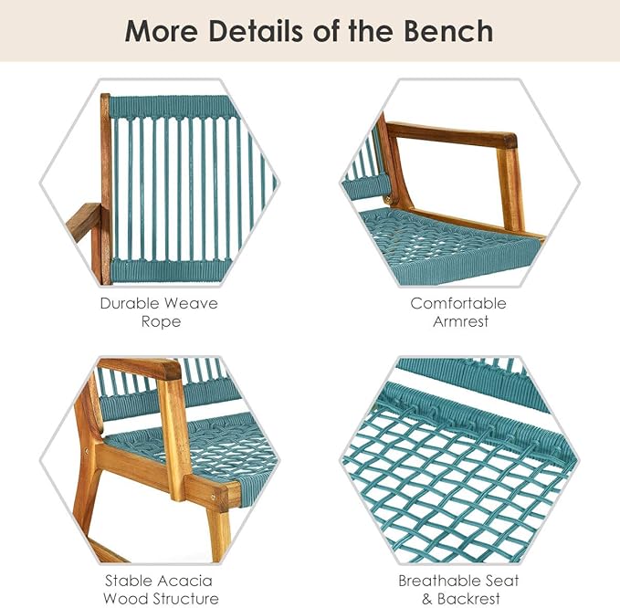 Tangkula 2-Person Patio Acacia Wood Bench Loveseat Chair, Outdoor Patio Acacia Wood Bench in Teak Oil Finish, Patio Loveseat Rope Chair for Balcony Deck Poolside Porch (Turquoise)