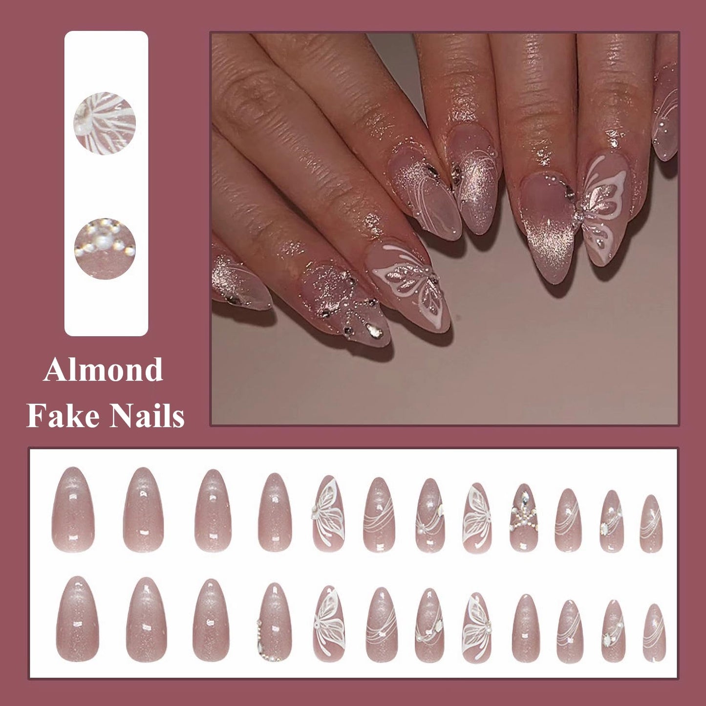 MISUD Press on Nails - Medium Almond Fake Nails with Cat Eye Acrylic Butterfly Rhinestone Design 24 pcs