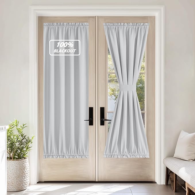 NICETOWN 100% Blackout French Door Curtain,Privacy Thermal Insulated Window Curtain with Adjustable Tieback for Glass Front Sliding Patio Door, 1 Panel, 36W x 72LL, Greyish White