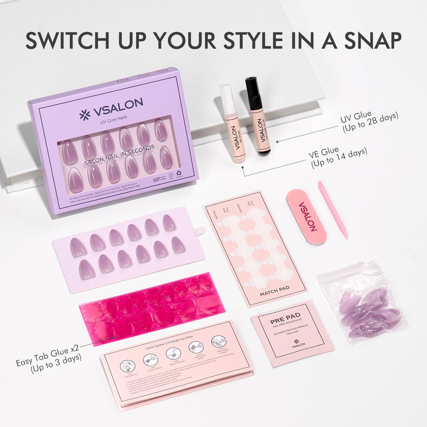 VSALON Press on Nails Almond - Deep Blue Cat Eye & Ombre Lavender Cat Eye French Tip