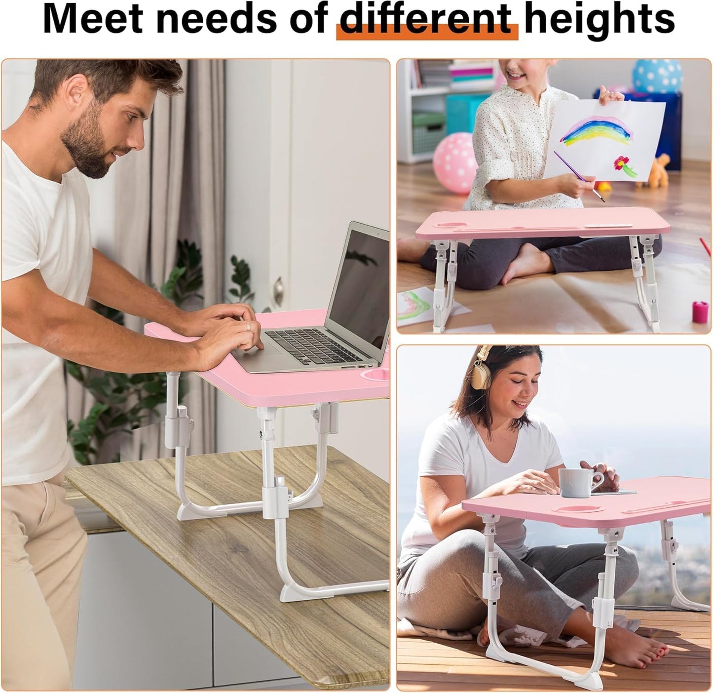 DECOSIS Bed Desk Height Adjustable, Bed Laptop Table with USB/Storage Drawer/Cup Holder/Tablet Stand/Book Shelf, Foldable Breakfast Tray Portable for Reading Writing, Bed, Sofa & Floor, Wood, Pink