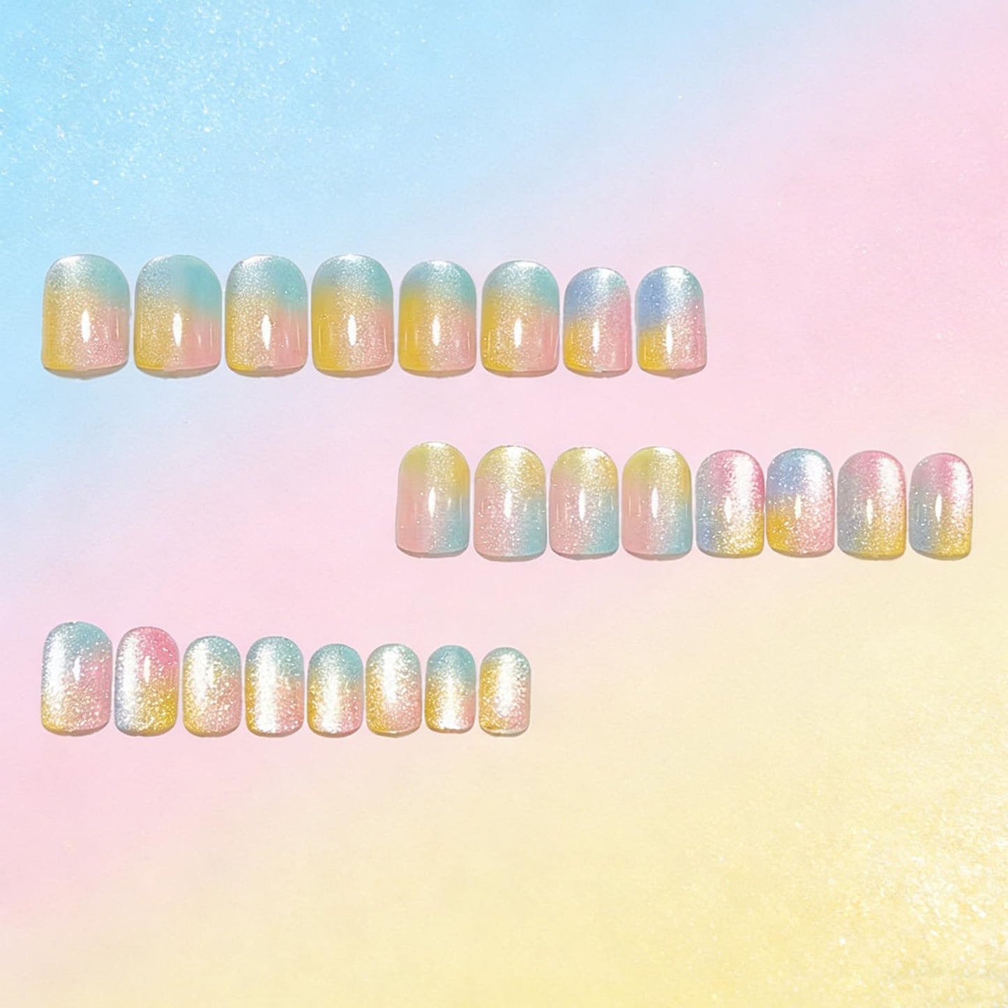 Gradient Colorful Press on Nails Short Square Fake Nails Sparkly Glitter False Nails with Candy Color Designs Glossy Stick on Nail Reusable Artificial Summer Nails for Women Manicure 24Pcs