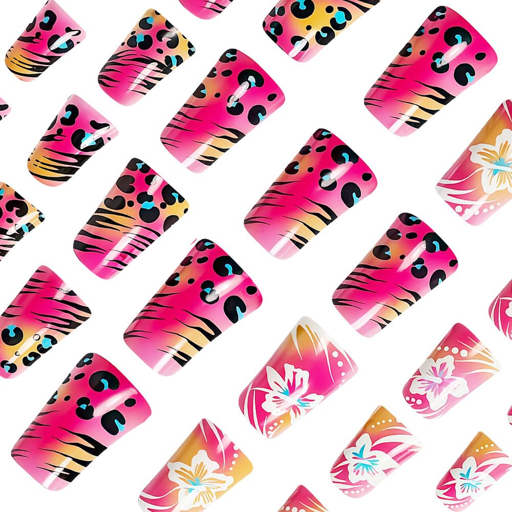 IMSOHOT Pink Press on Nails Medium Duck Fake Nails Glossy Glue on Nails with Flower & Leopard Print Designs Full Cover Summer Acrylic Duckbill False Nails for Women Girls Manicure Decoration