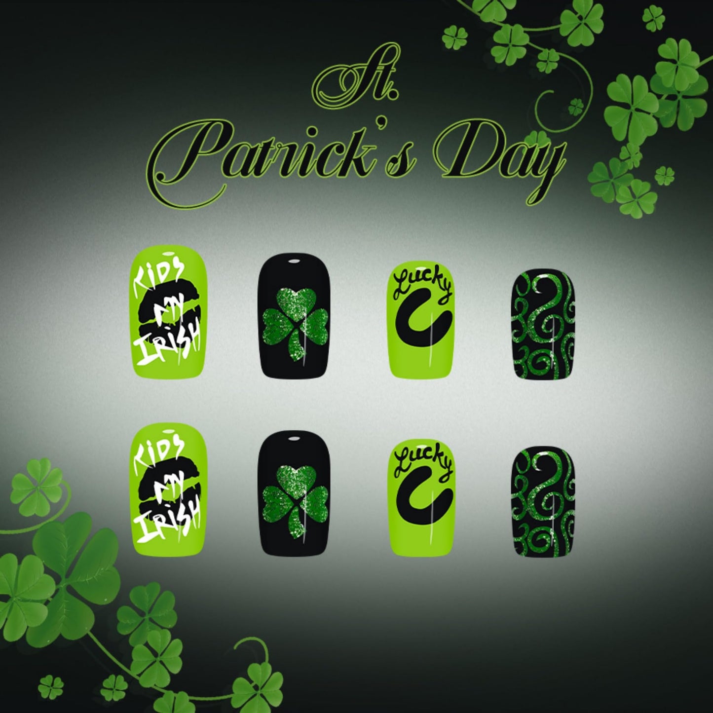 Square Press on Nails Medium Fake Nails Green Black Acrylic Nail Press ons SEENEEY Cute Stick on Nail for Women 24pcs