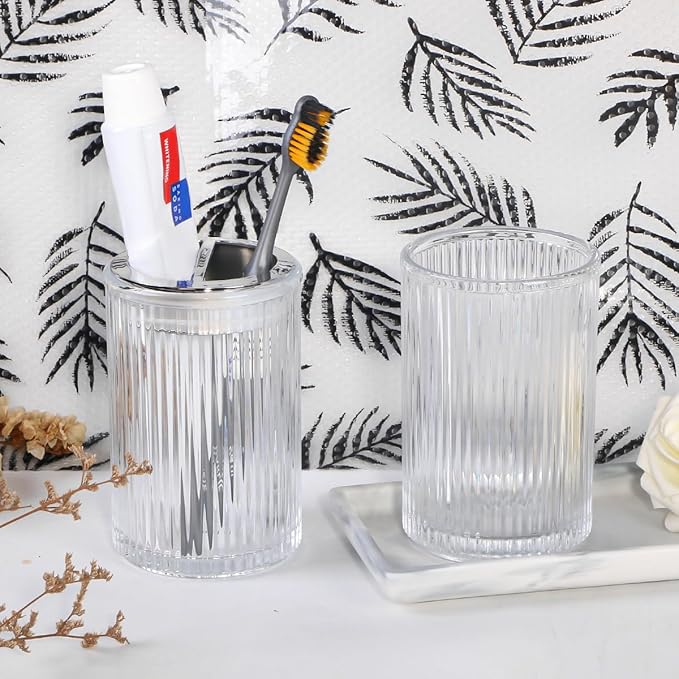 Clear Toothbrush Holders for Bathrooms, 2pcs Glass Toothbrush Holder and 12oz Bathroom Tumbler Cup Set, Silver Tooth Brush and Toothpaste Organizer for Bathroom Vanity Countertop