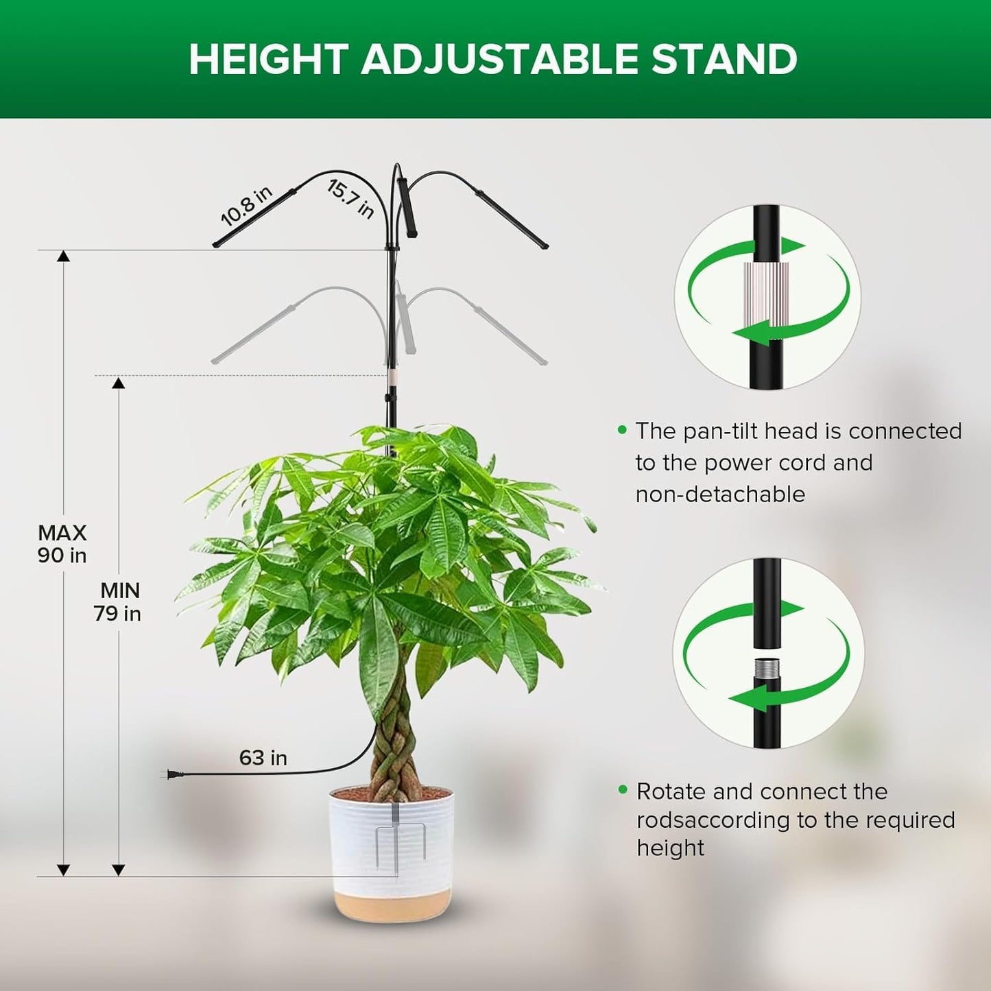 SANSI Grow Light for Large Indoor Plants, LED Plant Lights for Indoor Growing, Full Spectrum 4/8/12H Timer, 4-Level Dimmable, 79"-90" Height Adjustable, High PPFD for Tall Plants, Upgraded Stakes