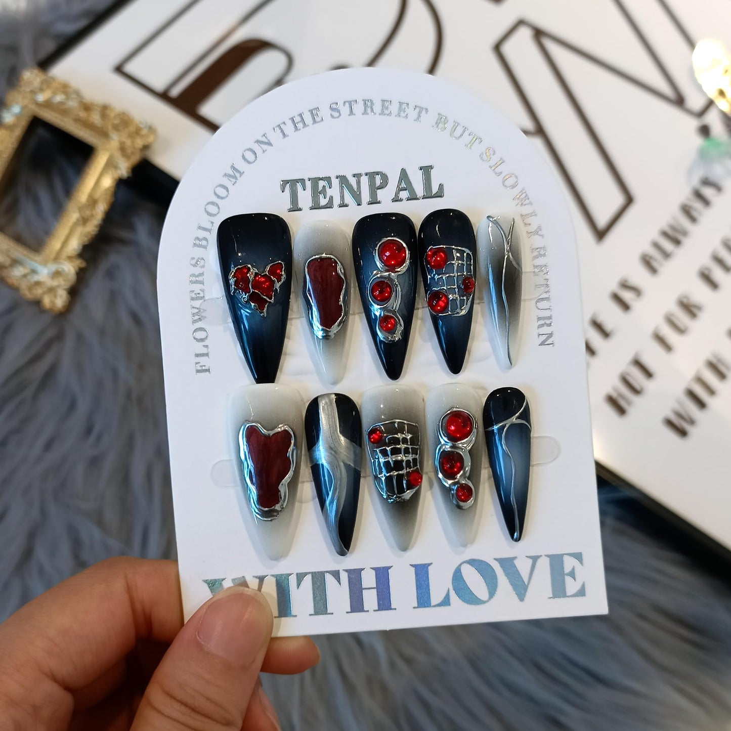 TENPAL Halloween Vampire Nails,Gothic Press On Nails Long Stiletto With Tools,Black Dark Ombre Fake Nails with Red Gems,10Pcs Hand-Painted Glossy Acrylic Glue on Nails for Women Parties Events(XS)