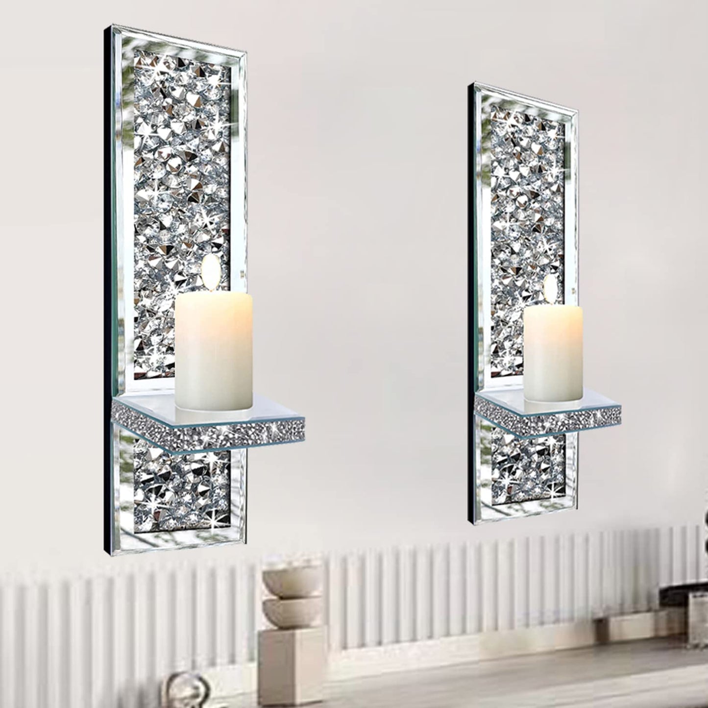 ZOLAPI Set of 2 Crystal Crush Diamond Candle Sconces, Gorgeous Silver Mirrored Wall Sconce, Candle Holder Glass Wall Decorations for Home Décor, Living Room, Dining Room.