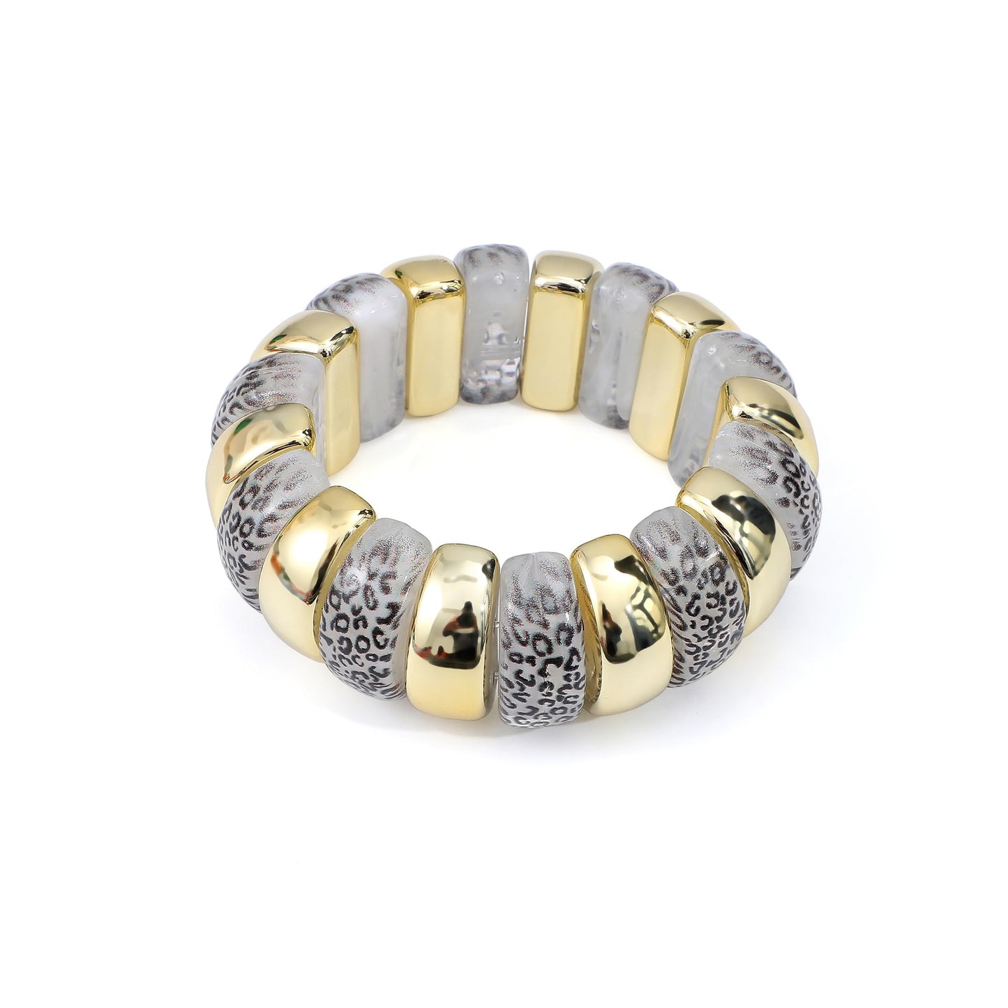 GOOJIDS Leopard Beaded Gold Plated Bangles Bracelet Chunky Bamboo Tube Curved Stacking Clear Acrylic Colorful Beads Stretchable Plated Bracelets Set For Women