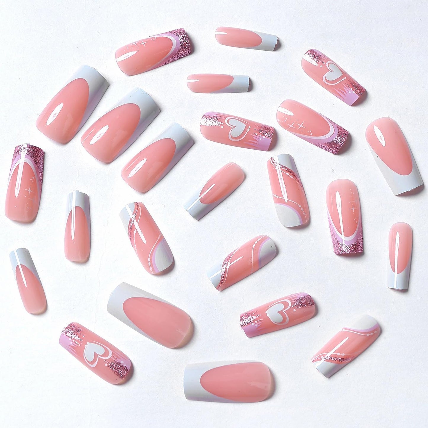 MISUD Press on Nails - Long Square Fake Nails with Pink White, Acrylic Heart Glitter Design 24 pcs