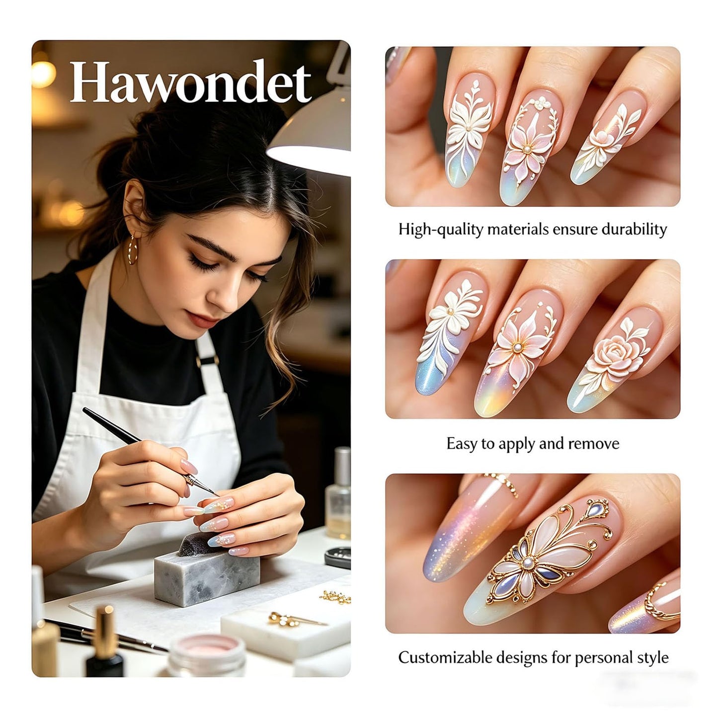 Long Square Press on Nails Handmade 3D Cute Glue on Nails for Women, Luxury Homemade Press on Nail Art Design, Fake Nails with 3D Nail Charms Size M 4