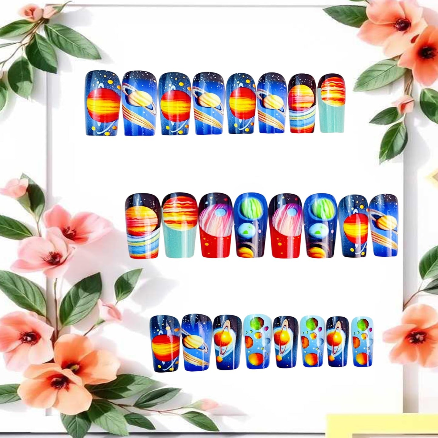 CJDLTS Planet Press on Nails Medium Ballet Shaped Colorful Planet Pattern Design Full Cove Glossy Acrylic Fake Nail Artificial Press Ons Stick on Nails DIY Reusable Glue on Nails for Women 24Pcs