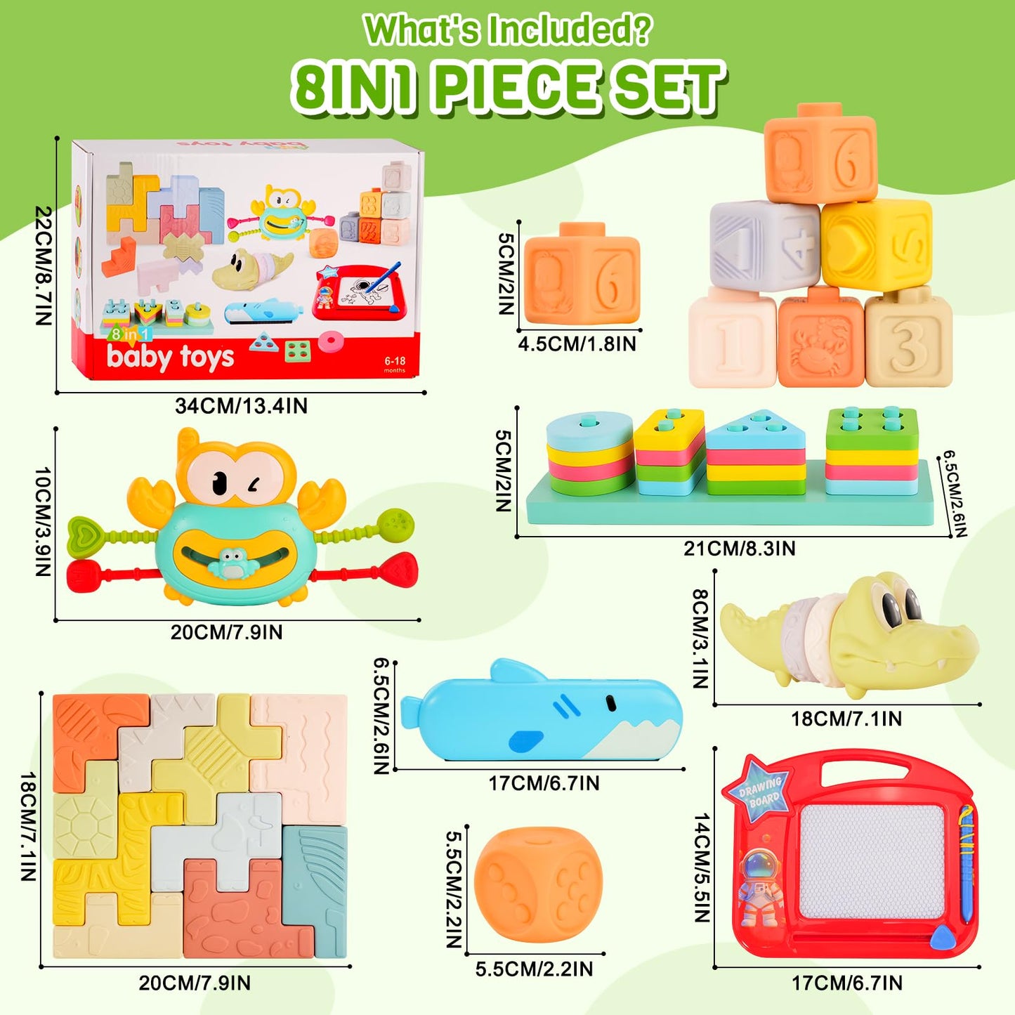 8-in-1 Montessori Baby Toys for 6-12 Months,Babies Travel Toy Set with Stacking Blocks, Pull Teether, Sensory Shape Sorter, Drawing Board & Harmonica, Infant Learning Gift for Toddler 1-3 Year Old